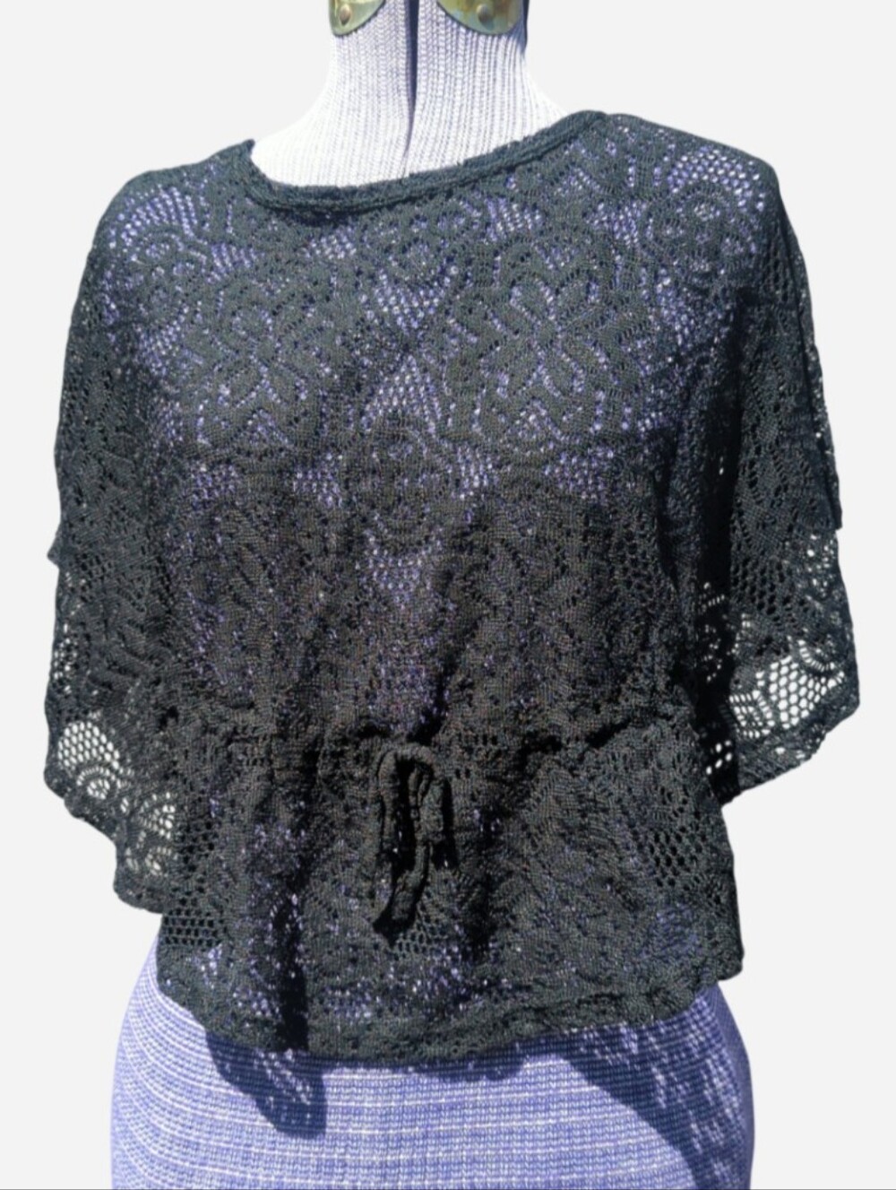 Black Crochet Knit Drawstring Top